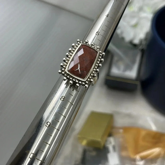 Vintage Sterling Silver Jasper Ring with Ornate Beaded Setting – Size 6.75 - Picture 10 of 14